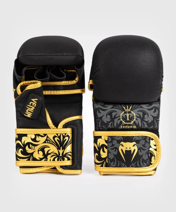Venum x Topuria Unmatched Edition MMA Sparring Gloves - Black/Gold - ვენუმი x თოფურია - შეუდარებელი სპეციალური გამოცემა | MMA სავარჯიშო ხელთათმანები – შავი/ოქროსფერი